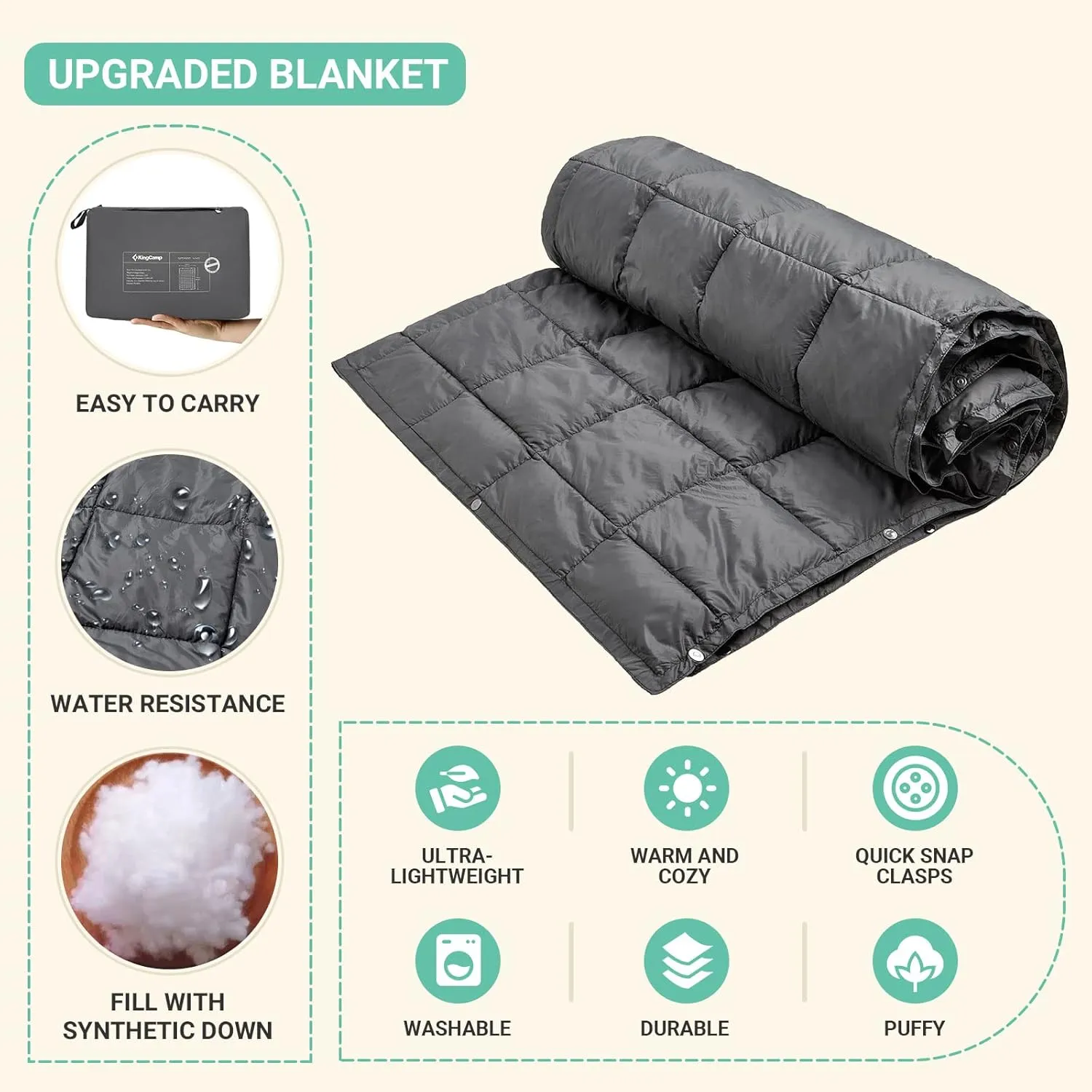 KingCamp Down Camping Blanket - Packable Lightweight Travel Blanket for Stadium, Camping, Backpacking, Compact & Water Resistant & Warm Airplane Quilt