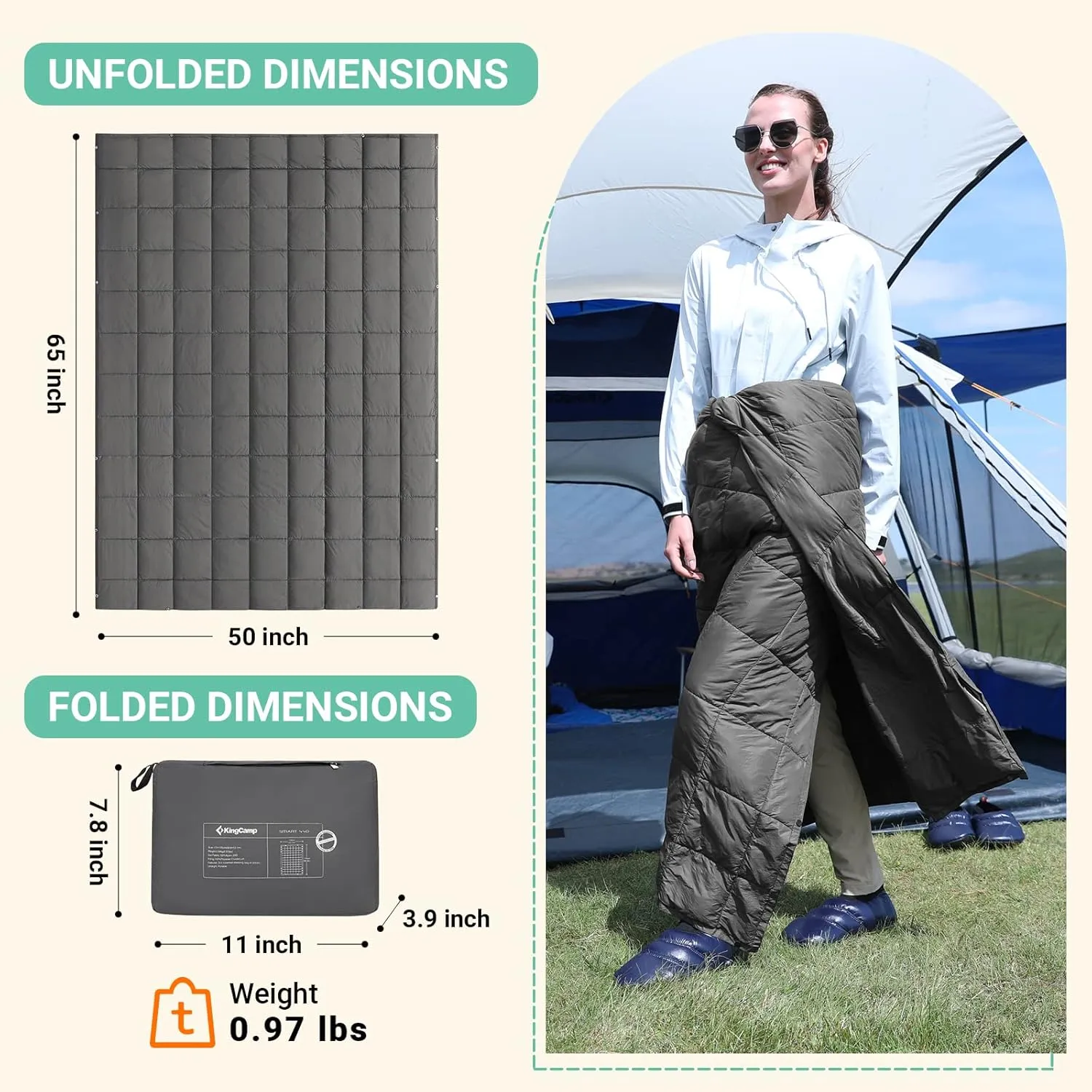 KingCamp Down Camping Blanket - Packable Lightweight Travel Blanket for Stadium, Camping, Backpacking, Compact & Water Resistant & Warm Airplane Quilt