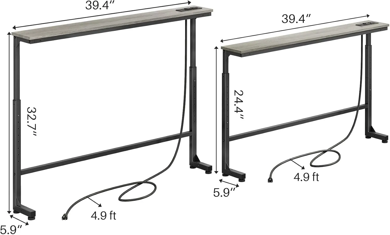 Kitstorack 2-Pack Gray Narrow Console Table Behind Sofa Couch, Design with Adjustable Height (25"-33") & Built-in Power Outlets, Includes 4.9' Power Cord - 5.9" D x 79" L