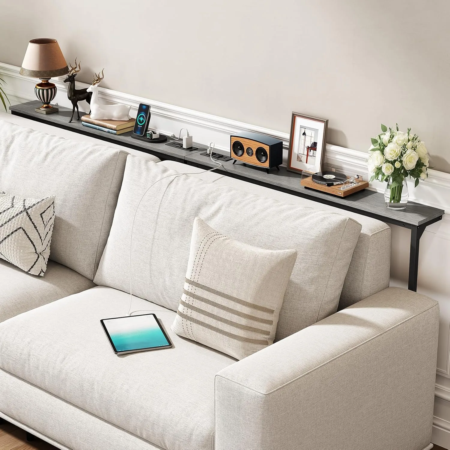 Kitstorack 2-Pack Gray Narrow Console Table Behind Sofa Couch, Design with Adjustable Height (25"-33") & Built-in Power Outlets, Includes 4.9' Power Cord - 5.9" D x 79" L