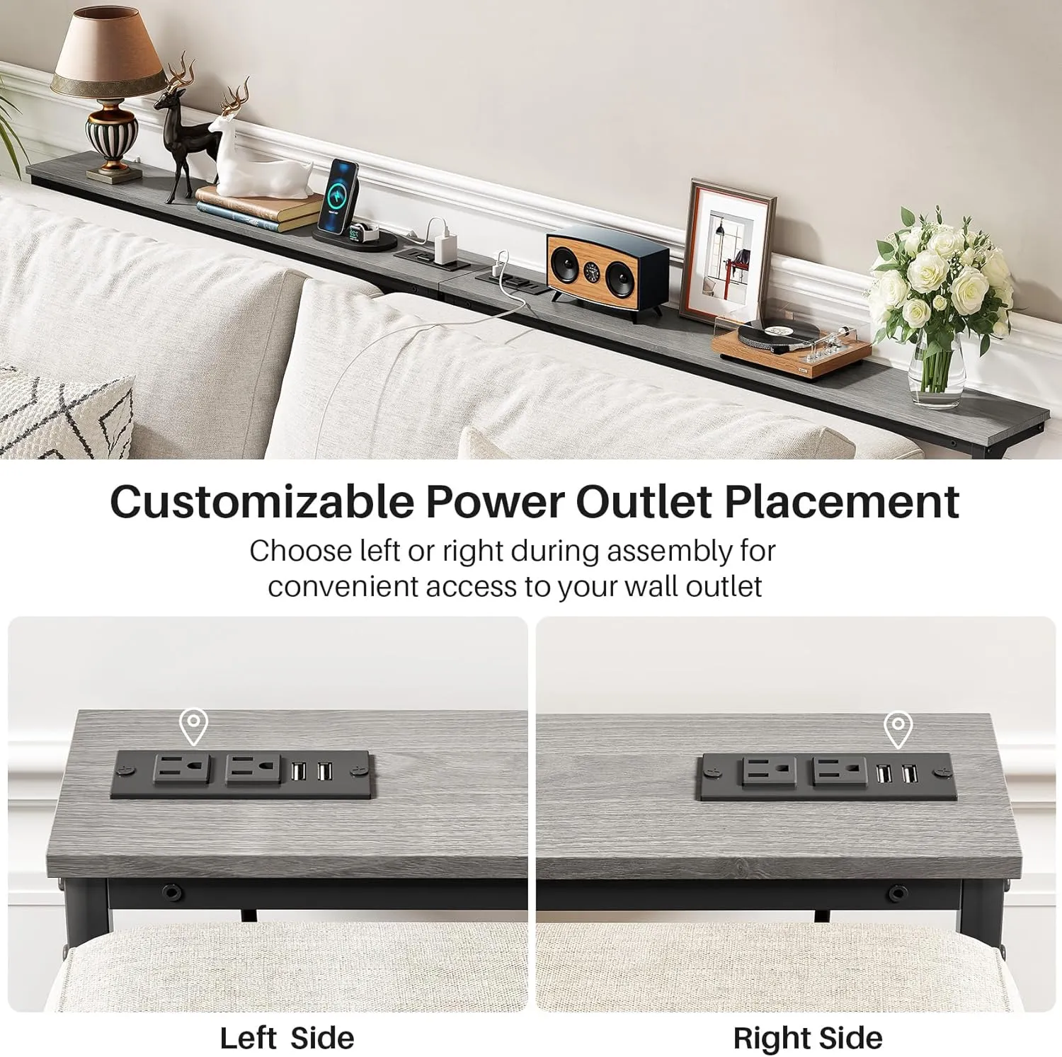Kitstorack 2-Pack Gray Narrow Console Table Behind Sofa Couch, Design with Adjustable Height (25"-33") & Built-in Power Outlets, Includes 4.9' Power Cord - 5.9" D x 79" L