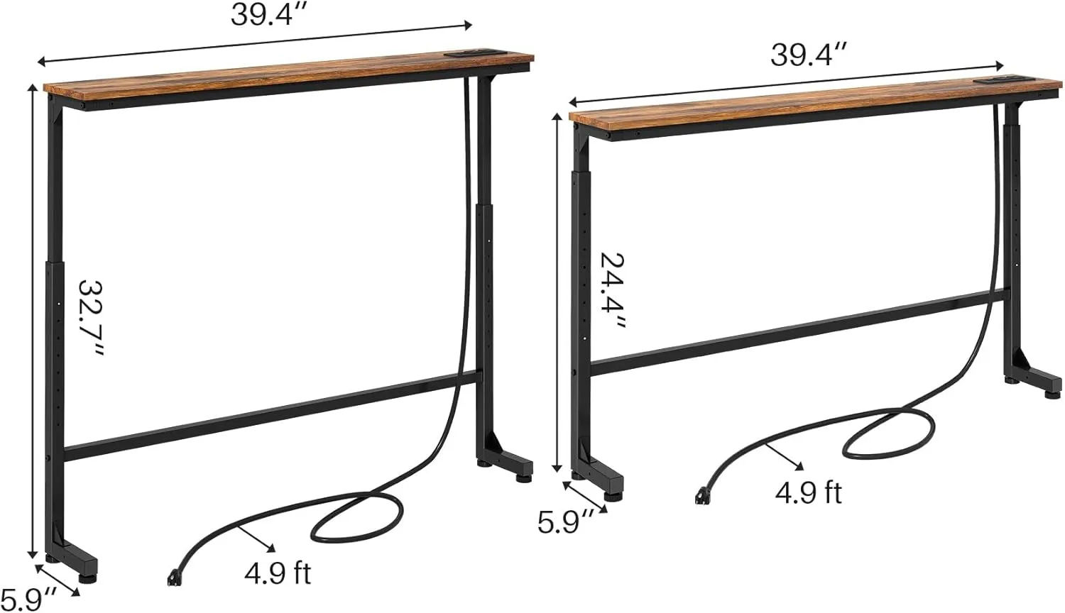 Kitstorack 2-Pack Narrow Console Table with Adjustable Height (25"-33") & Power Outlets, Rustic Brown Sofa Table for Behind Couch or Wall, 79" Long with 4.9ft Cord
