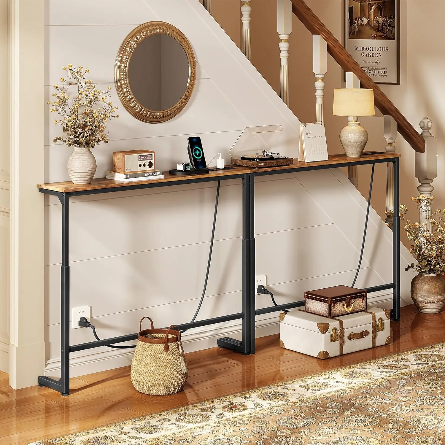 Kitstorack 2-Pack Narrow Console Table with Adjustable Height (25"-33") & Power Outlets, Rustic Brown Sofa Table for Behind Couch or Wall, 79" Long with 4.9ft Cord