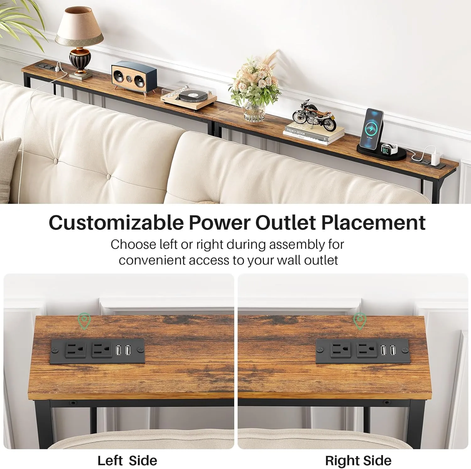 Kitstorack 2-Pack Narrow Console Table with Adjustable Height (25"-33") & Power Outlets, Rustic Brown Sofa Table for Behind Couch or Wall, 79" Long with 4.9ft Cord