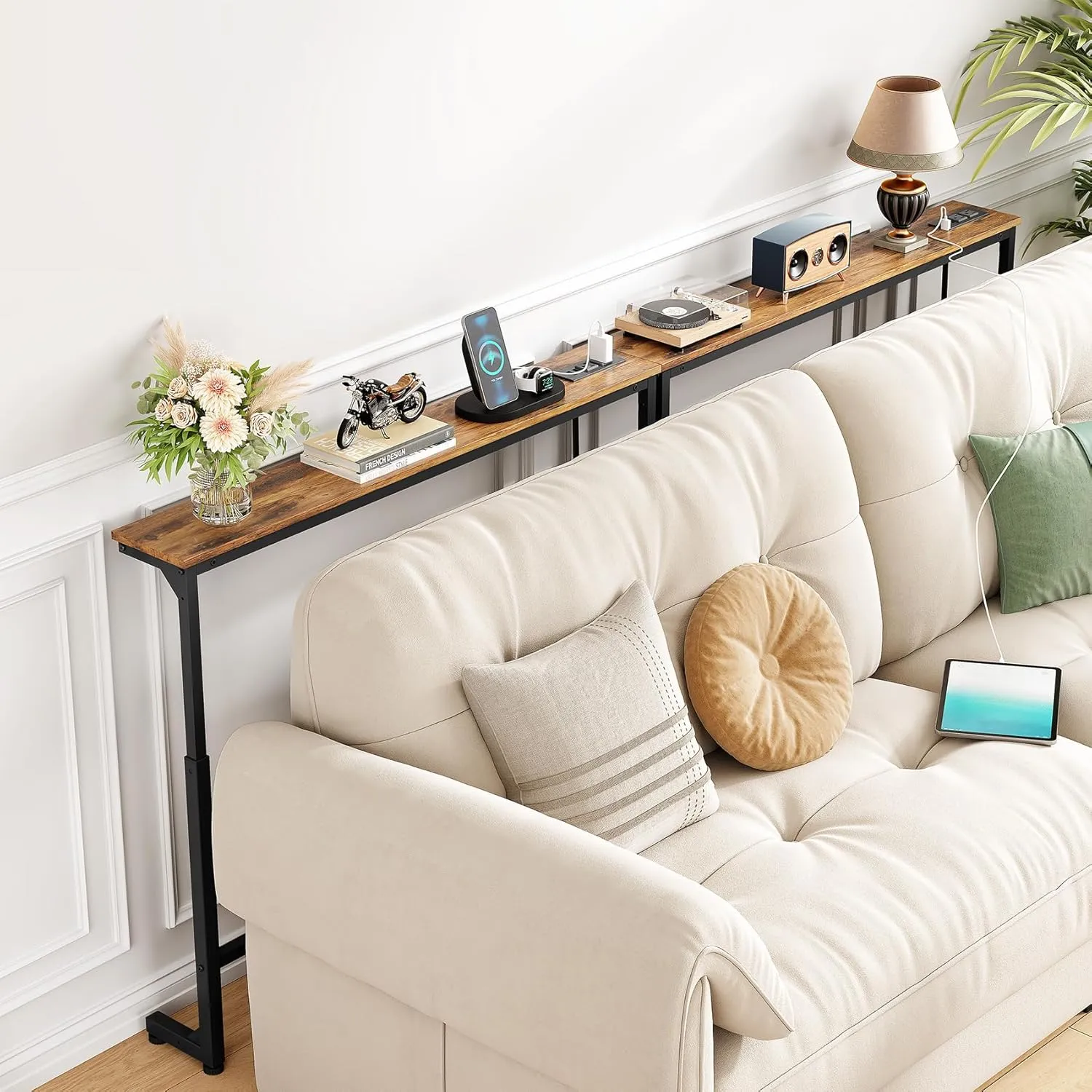 Kitstorack 2-Pack Narrow Console Table with Adjustable Height (25"-33") & Power Outlets, Rustic Brown Sofa Table for Behind Couch or Wall, 79" Long with 4.9ft Cord