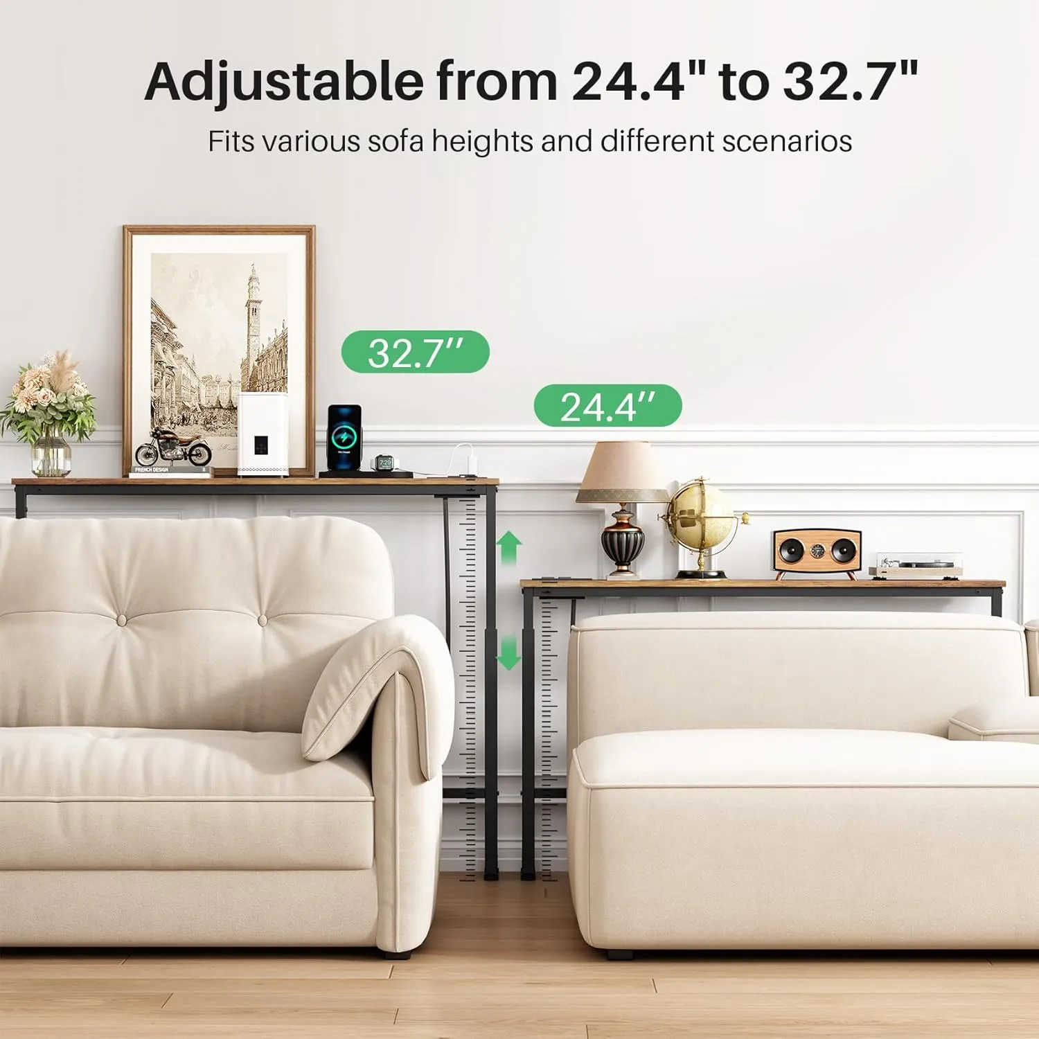 Kitstorack 2-Pack Narrow Console Table with Adjustable Height (25"-33") & Power Outlets, Rustic Brown Sofa Table for Behind Couch or Wall, 79" Long with 4.9ft Cord