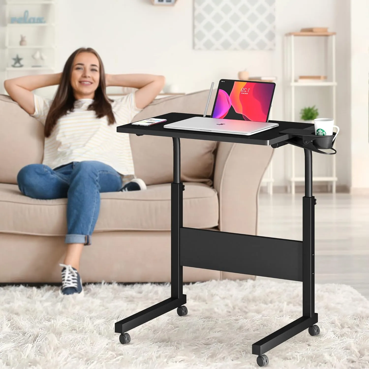 Klvied Small Standing Desk Adjustable Height, Portable Treadmill Desk, Mobile Table Ideal for Laptops and Tablets, Black