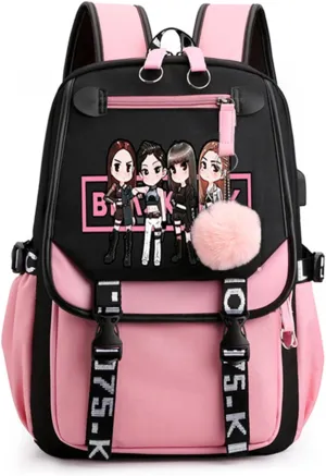 Kpop Backpack Lisa Rose JISOO Jennie Shouler Bag Messenger Bag Fashion USB Charging Backpack (pink 2)