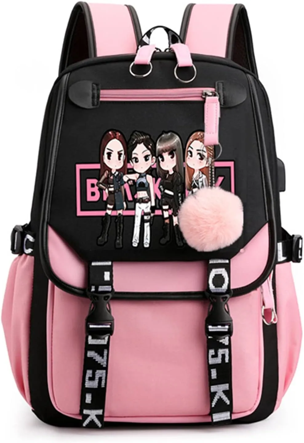 Kpop Backpack Lisa Rose JISOO Jennie Shouler Bag Messenger Bag Fashion USB Charging Backpack (pink 2)