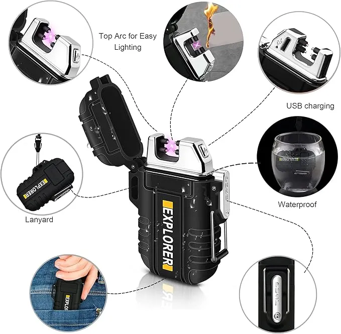 Lafagiet Waterproof Arc Lighter, Outdoor Dual Plasma Arc Lighter, USB Rechargeable Flameless Electric Lighters for Camping, Hiking, Survival Tactical (Black)