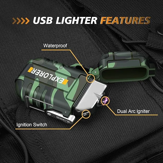 Lafagiet Waterproof Arc Lighter, Outdoor Dual Plasma Arc Lighter, USB Rechargeable Flameless Electric Lighters for Camping, Hiking, Survival Tactical (F13-Camouflage)