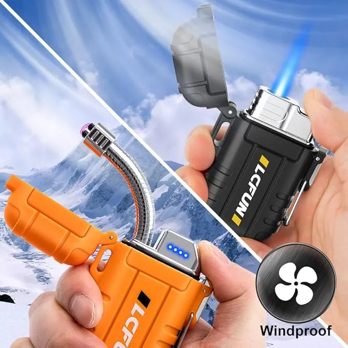 LcFun 2 Pack Waterproof Lighter, Windproof Torch Lighter Butane Refillable, Electric Dual Arc Lighter with Flashlight, USB Rechargeable Plasma Lighter for Camping, Hiking, Survival Tactical Gear