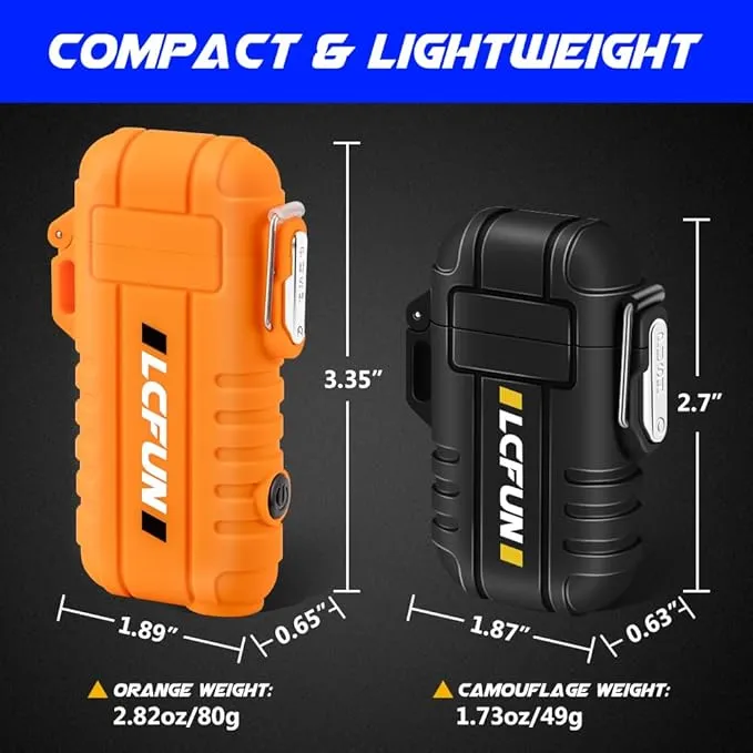 LcFun 2 Pack Waterproof Lighter, Windproof Torch Lighter Butane Refillable, Electric Dual Arc Lighter with Flashlight, USB Rechargeable Plasma Lighter for Camping, Hiking, Survival Tactical Gear