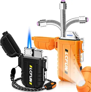 LcFun 2 Pack Waterproof Lighter, Windproof Torch Lighter Butane Refillable, Electric Dual Arc Lighter with Flashlight, USB Rechargeable Plasma Lighter for Camping, Hiking, Survival Tactical Gear