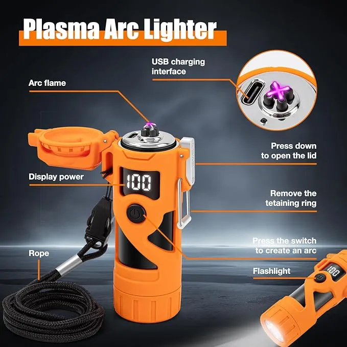 LcFun Electric Lighters Rechargeable Waterproof Dual Arc Plasma Lighter with Battery Display & Flashlight Windproof Electronic USB Lighter for Candle, Camping, Hiking, Survival Gear Supplies