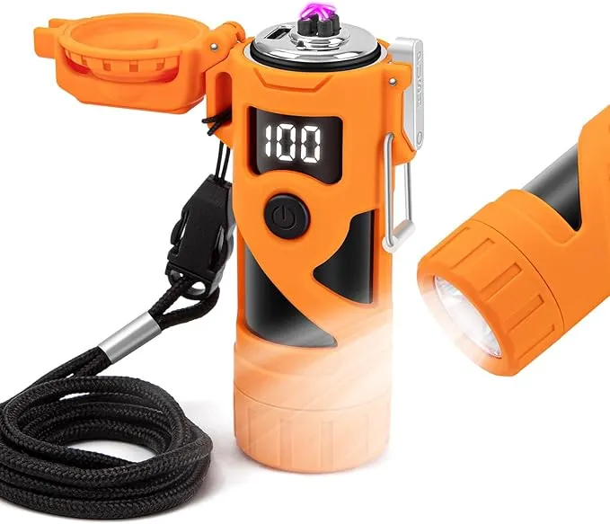 LcFun Electric Lighters Rechargeable Waterproof Dual Arc Plasma Lighter with Battery Display & Flashlight Windproof Electronic USB Lighter for Candle, Camping, Hiking, Survival Gear Supplies