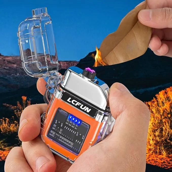 LcFun USB C Electric Lighter, Rechargeable Lighter, Windproof Plasma Lighters, Dual Arc Lighter with Battery Display & Flashlight, Waterproof Lighter for Camping, Survival, Hiking, Candle
