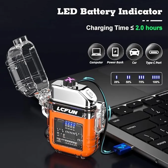 LcFun USB C Electric Lighter, Rechargeable Lighter, Windproof Plasma Lighters, Dual Arc Lighter with Battery Display & Flashlight, Waterproof Lighter for Camping, Survival, Hiking, Candle
