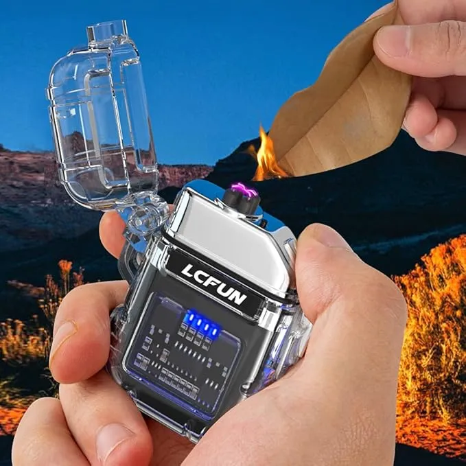 LcFun USB C Rechargeable Lighter, Electric Lighter, Plasma Arc Lighters, Waterproof Lighter with Battery Display & Flashlight, Flameless Windproof Lighters for Hiking, Camping Gear, Survival Kits