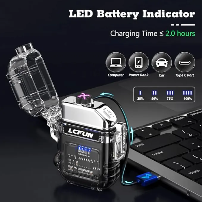 LcFun USB C Rechargeable Lighter, Electric Lighter, Plasma Arc Lighters, Waterproof Lighter with Battery Display & Flashlight, Flameless Windproof Lighters for Hiking, Camping Gear, Survival Kits