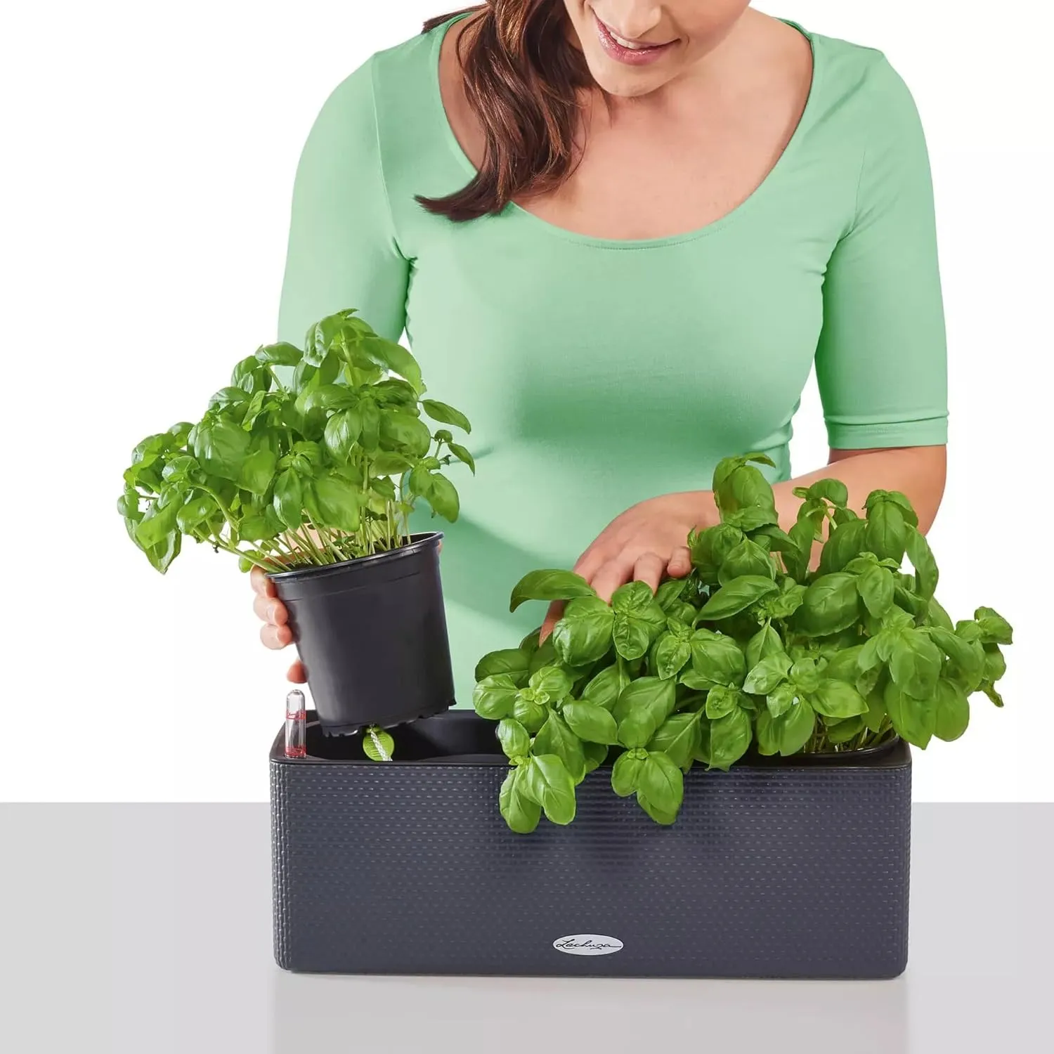Lechuza 13684 Cube Color Triple Self-Watering Planter for Indoor and Outdoor Use, 16" x 5.5" x 5.25", Slate