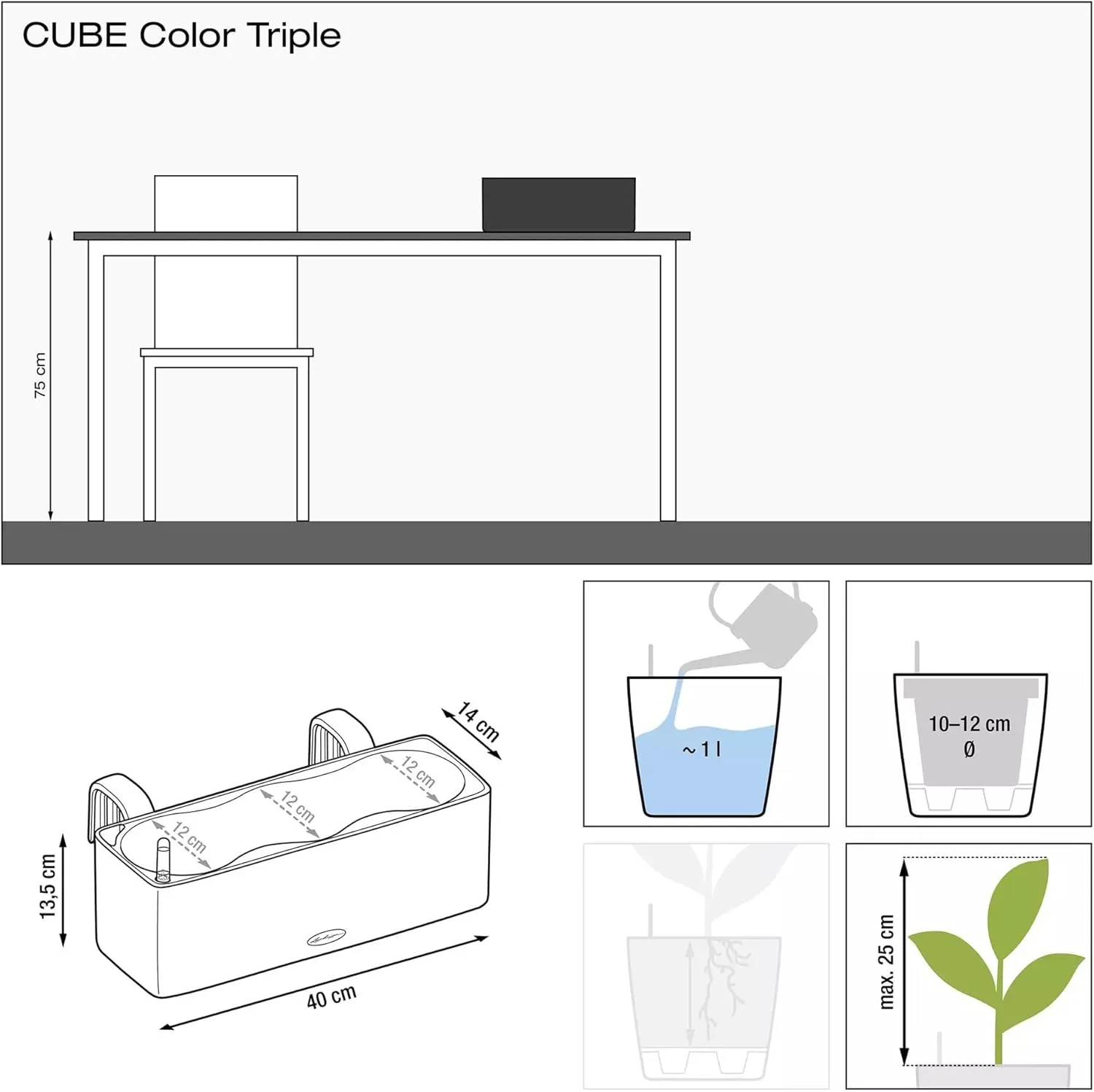 Lechuza 13684 Cube Color Triple Self-Watering Planter for Indoor and Outdoor Use, 16" x 5.5" x 5.25", Slate