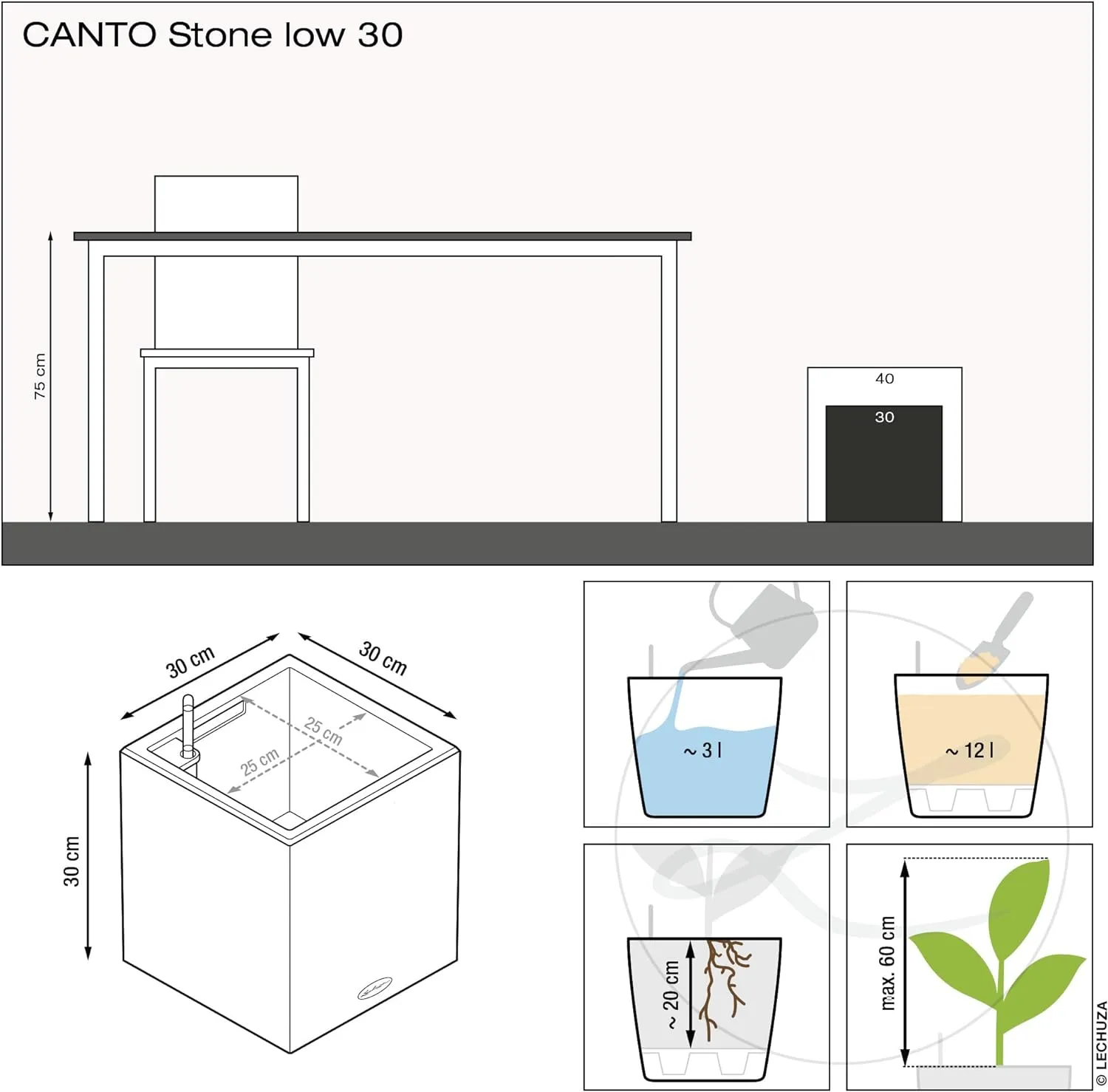Lechuza 13702 Canto Color 30 Square Self-Watering Garden Planter, Graphite Black
