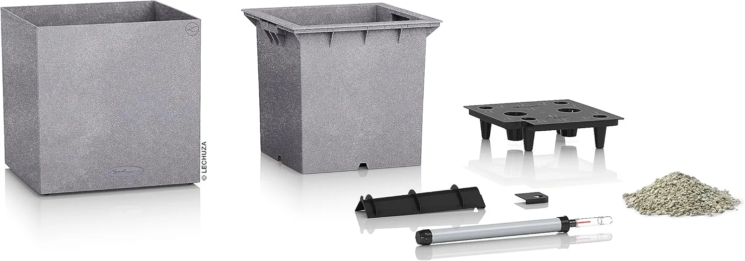 Lechuza 13720 Canto Stone Self-Watering Planter for Indoor and Outdoor Use, 16" x 16" x 16", Grey