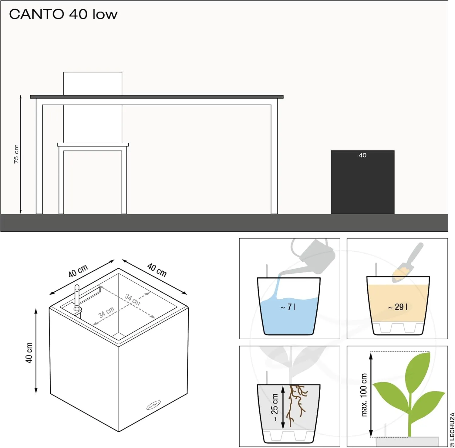 Lechuza Canto Color 40 Cube Planter Sandy Beige, 16" x 16" x 16"