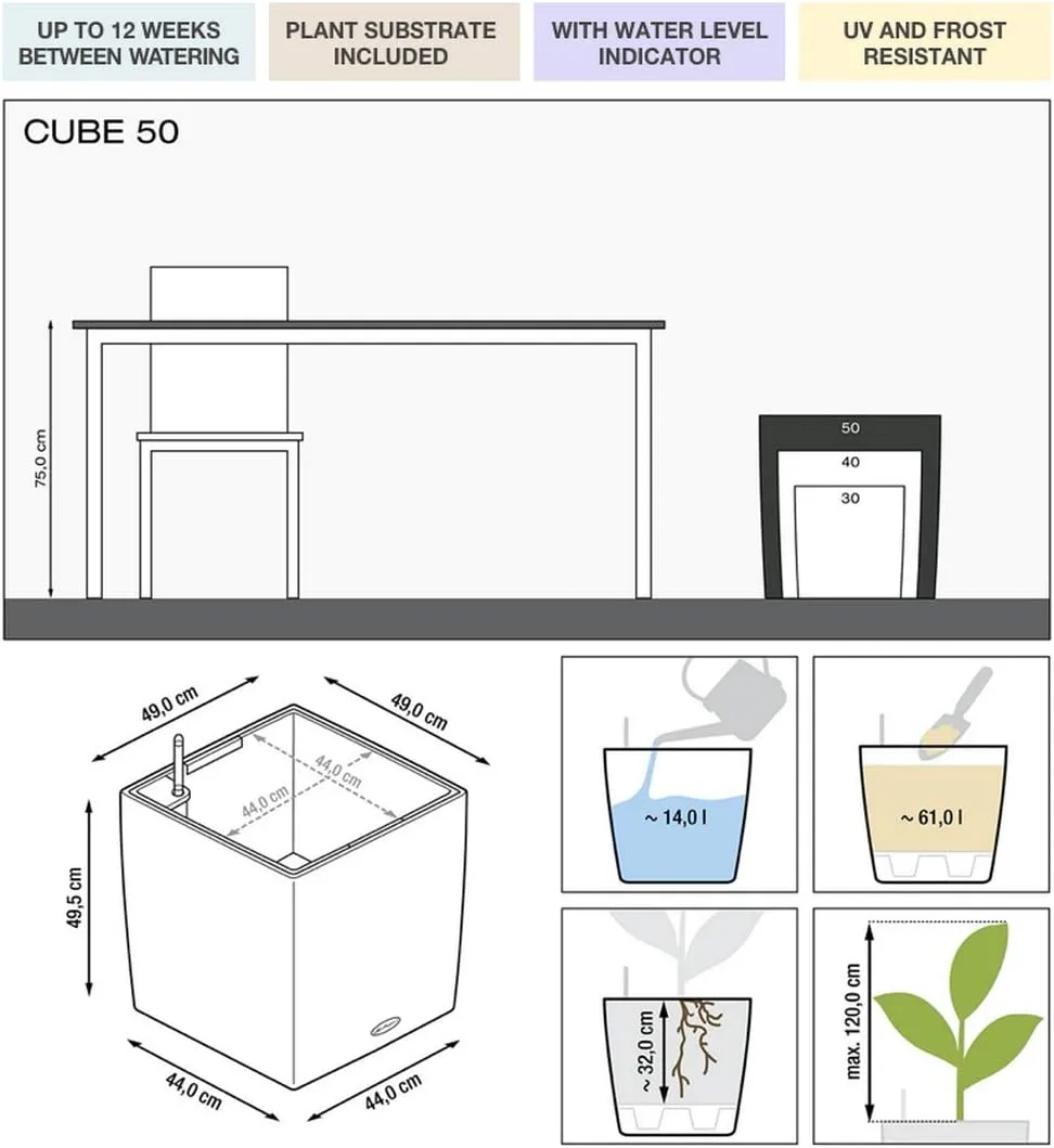 Lechuza Cube 50 Large Flower Indoor/Outdoor Garden Floor Self-Watering Planter with Drainage Hole with Plant Substrate Contemporary Poly-Resin H50 L50 W50 cm White 13 Kg