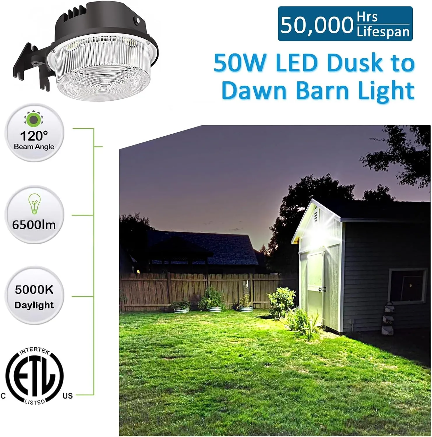 LED Barn Light 50W, Dusk to Dawn Outdoor Yard Light with Photocell Ultra Brightness 5000K Daylight 7500lm, 500W MH/HPS Replacement, AC100-277V IP65 Waterproof for Farmhouse Area