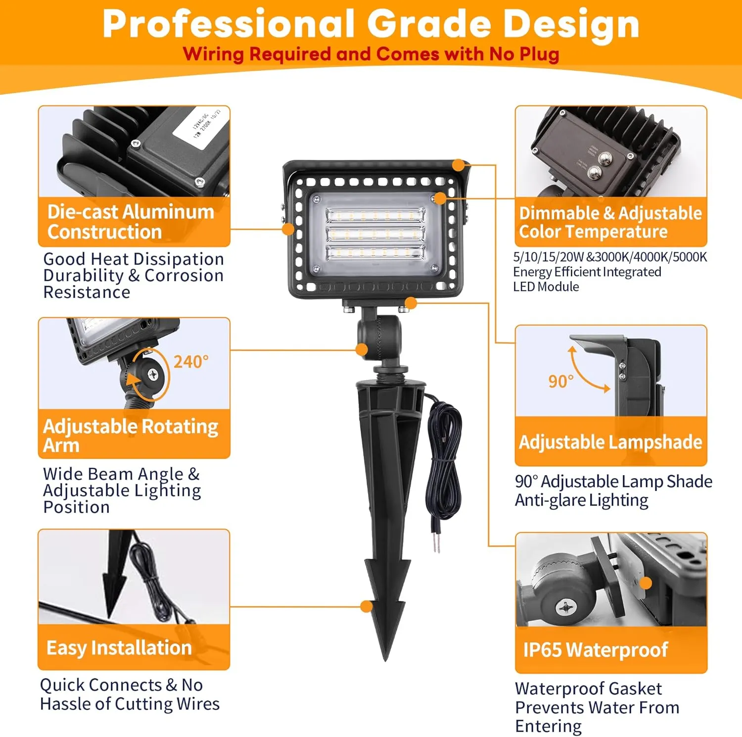 LED Outdoor Flood Lights - 12V Wall Wash Landscape Light, 5/10/15/20W & 3000K/4000K/5000K Selectable, Aluminum Waterproof Black Wide Angle Lighting for Sign Garden Tree 6 Pack
