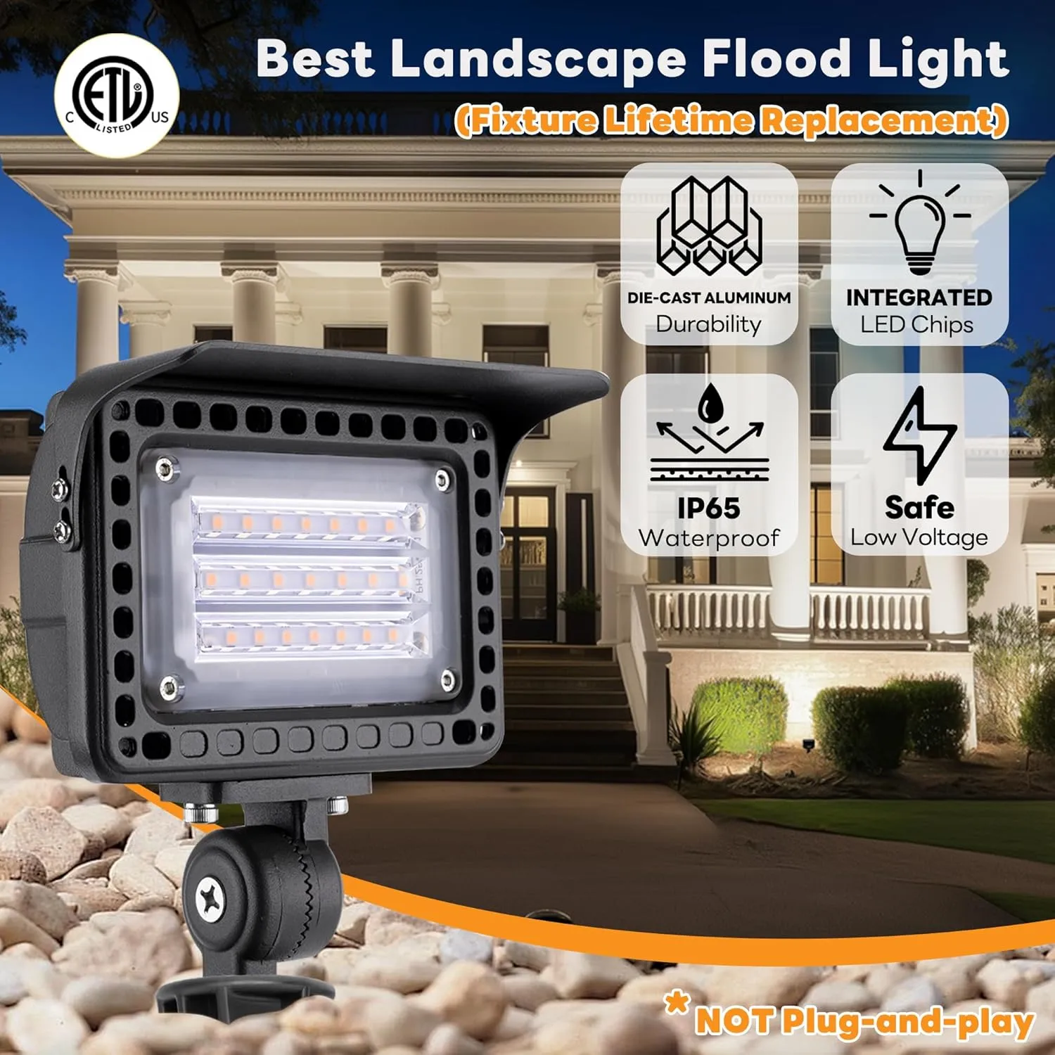 LED Outdoor Flood Lights - 12V Wall Wash Landscape Light, 5/10/15/20W & 3000K/4000K/5000K Selectable, Aluminum Waterproof Black Wide Angle Lighting for Sign Garden Tree 6 Pack