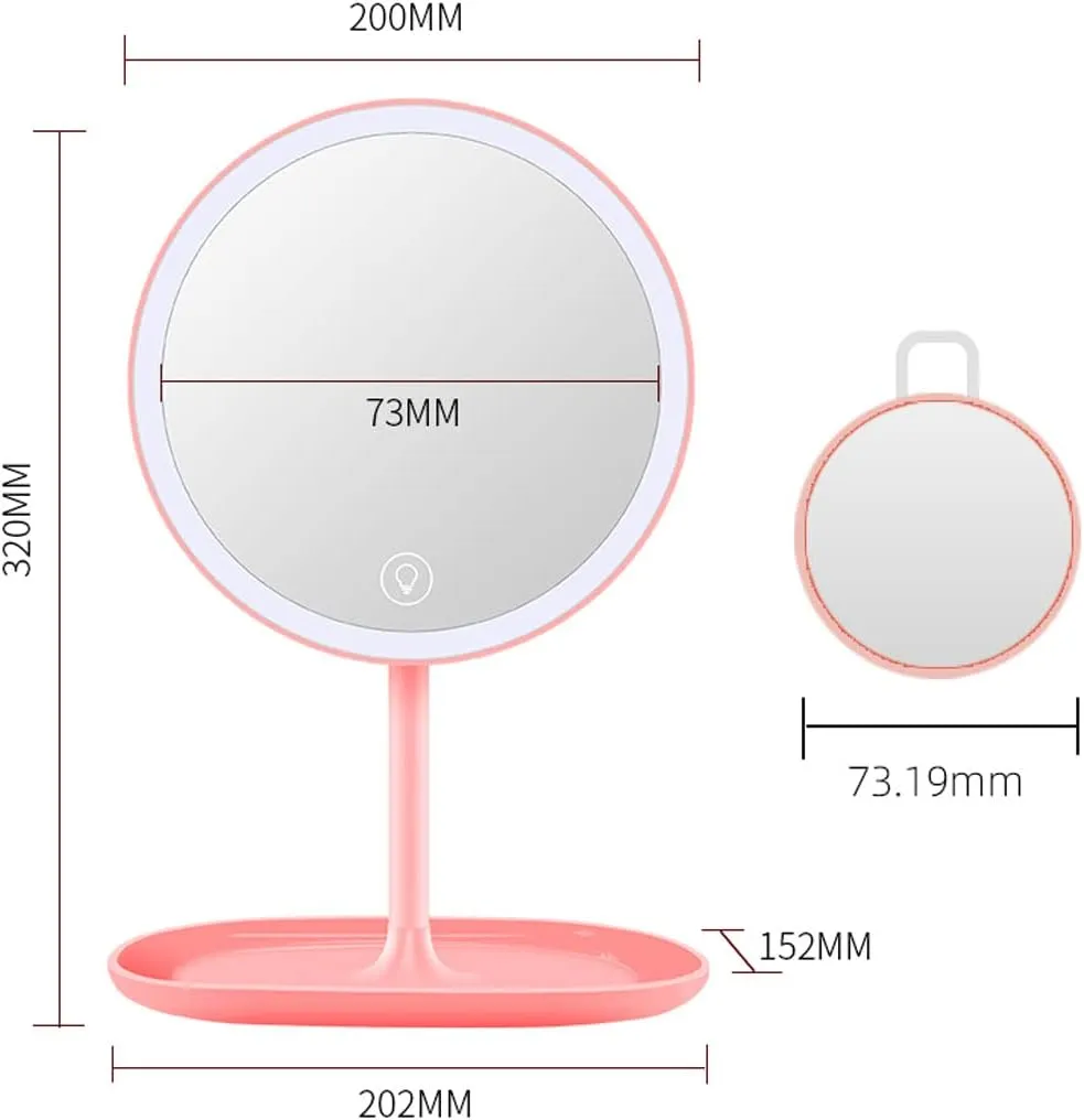 LED Travel Makeup Mirror with Lights - with a 5X Magnified Handheld Mini Pocket Size Portable Compact Mirror- Round Base - Pink - for Women Girls - 2 Pack