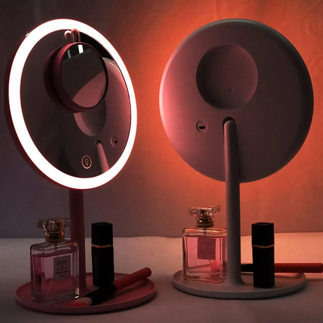 LED Travel Makeup Mirror with Lights - with a 5X Magnified Handheld Mini Pocket Size Portable Compact Mirror- Round Base - Pink - for Women Girls - 2 Pack