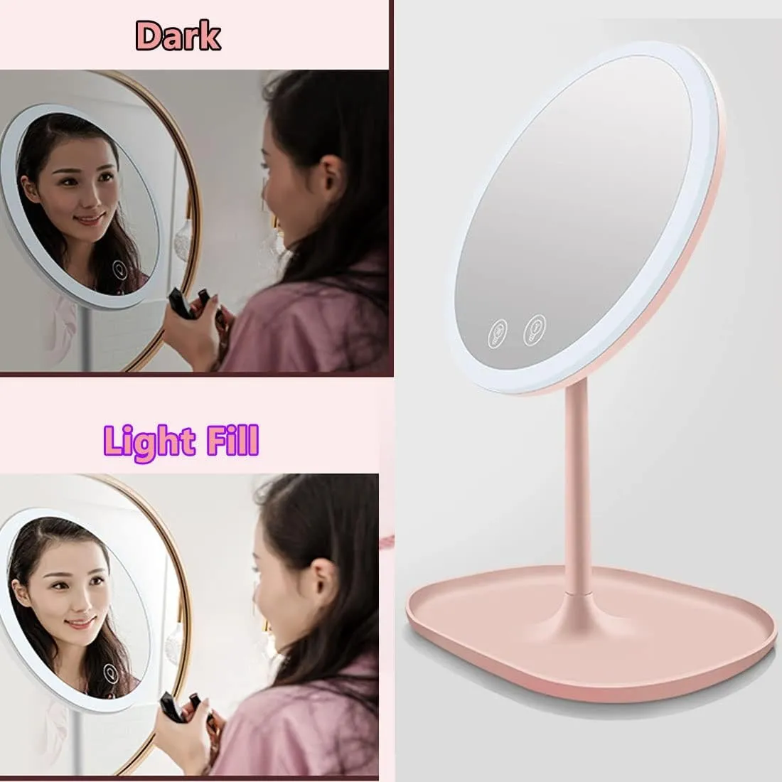 LED Travel Makeup Mirror with Lights - with a 5X Magnified Handheld Mini Pocket Size Portable Compact Mirror- Round Base - Pink - for Women Girls - 2 Pack