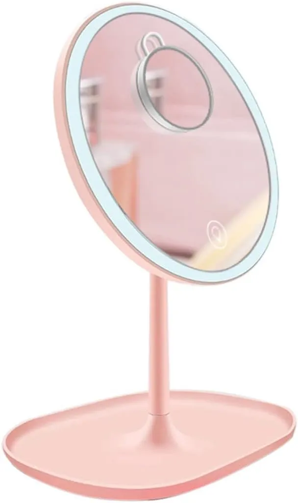 LED Travel Makeup Mirror with Lights - with a 5X Magnified Handheld Mini Pocket Size Portable Compact Mirror- Round Base - Pink - for Women Girls - 2 Pack