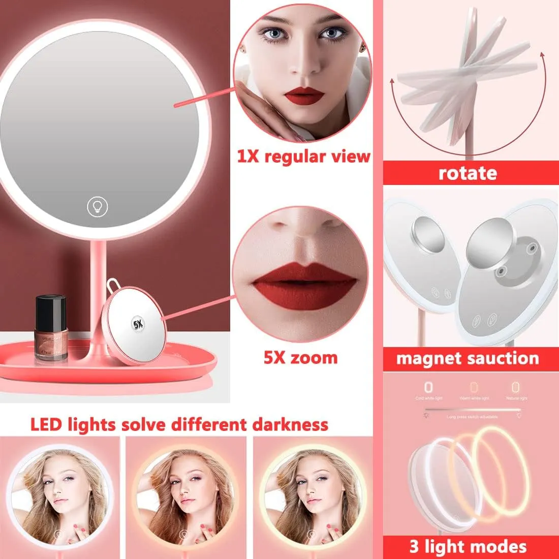LED Travel Makeup Mirror with Lights - with a 5X Magnified Handheld Mini Pocket Size Portable Compact Mirror- Round Base - Pink - for Women Girls - 2 Pack