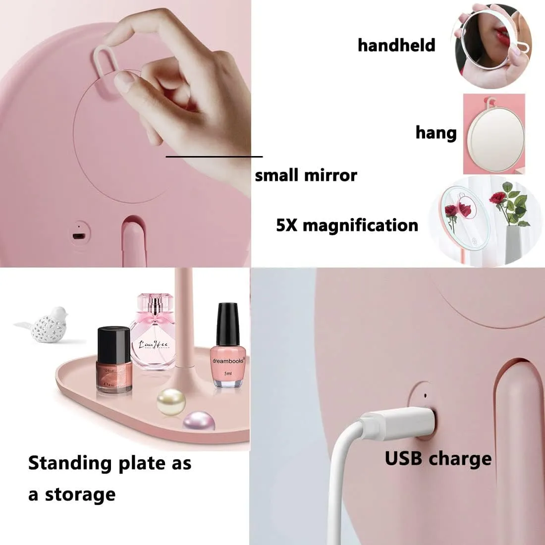 LED Travel Makeup Mirror with Lights - with a 5X Magnified Handheld Mini Pocket Size Portable Compact Mirror- Round Base - Pink - for Women Girls - 2 Pack