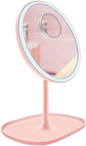 LED Travel Makeup Mirror with Lights - with a 5X Magnified Handheld Mini Pocket Size Portable Compact Mirror- Round Base - Pink - for Women Girls - 2 Pack