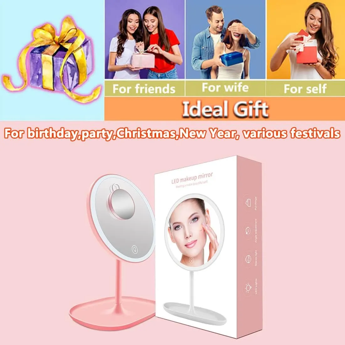 LED Travel Makeup Mirror with Lights - with a 5X Magnified Handheld Mini Pocket Size Portable Compact Mirror- Round Base - Pink - for Women Girls - 2 Pack