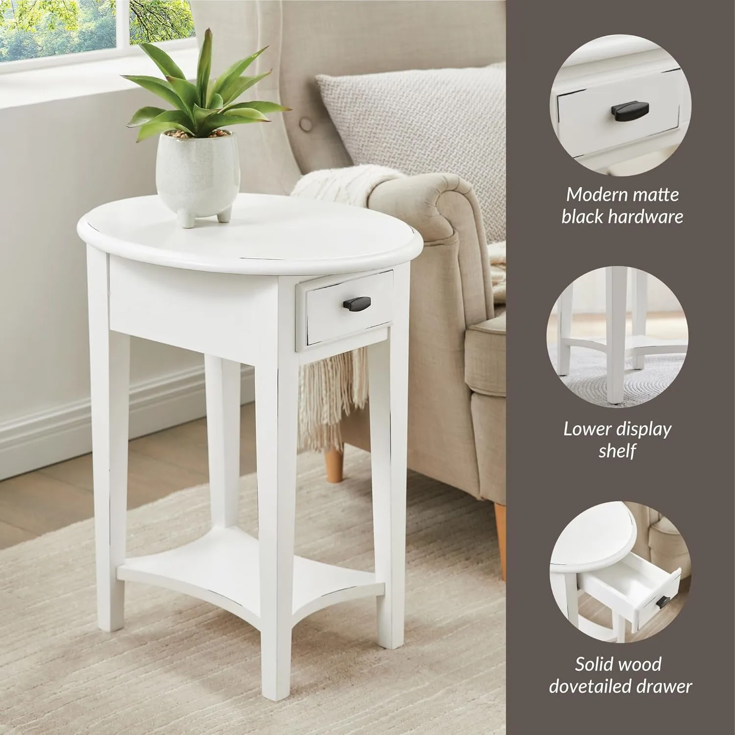 Leick Home Haven Ridge Oval End Table, One Drawer Side Table, Farmhouse White, 214387