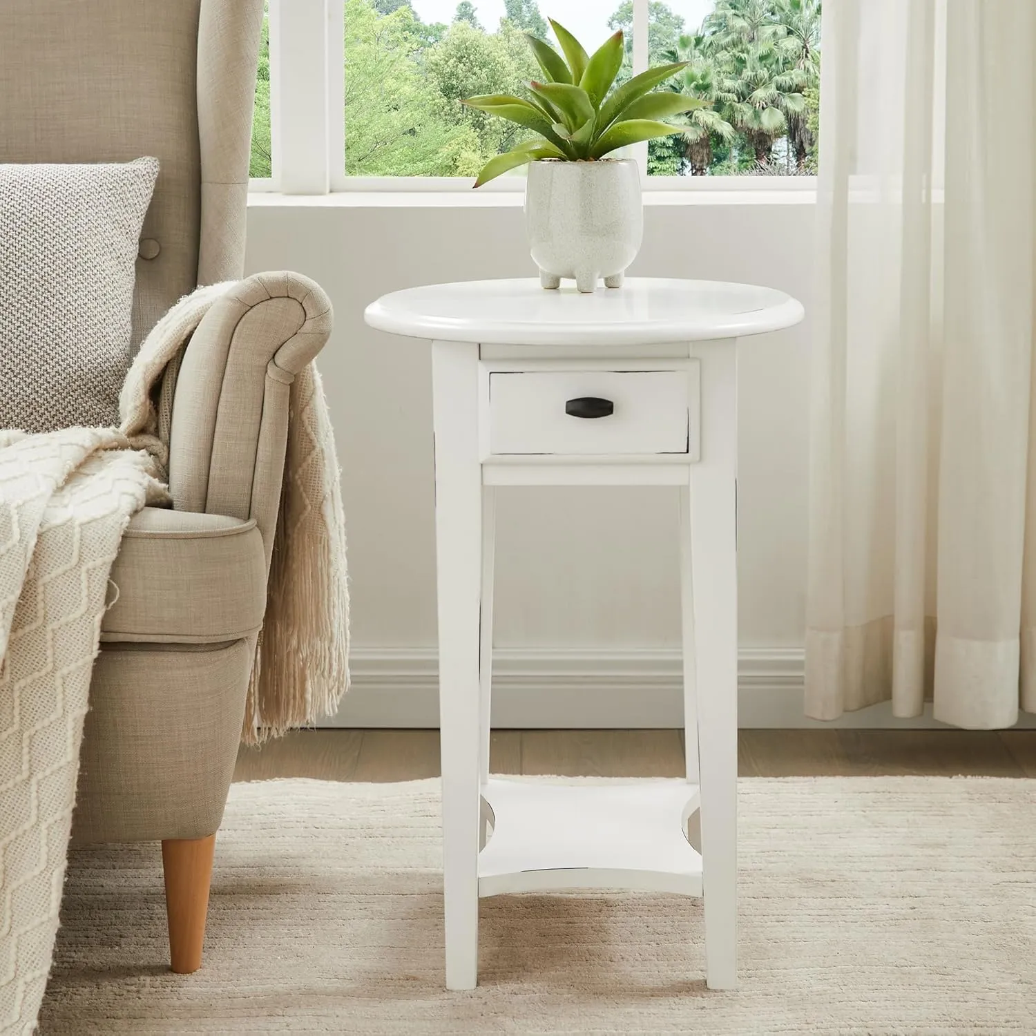 Leick Home Haven Ridge Oval End Table, One Drawer Side Table, Farmhouse White, 214387