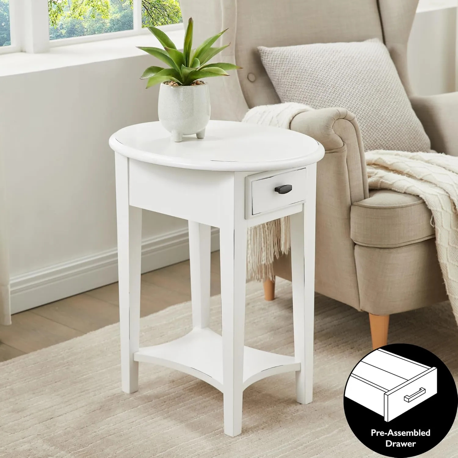 Leick Home Haven Ridge Oval End Table, One Drawer Side Table, Farmhouse White, 214387