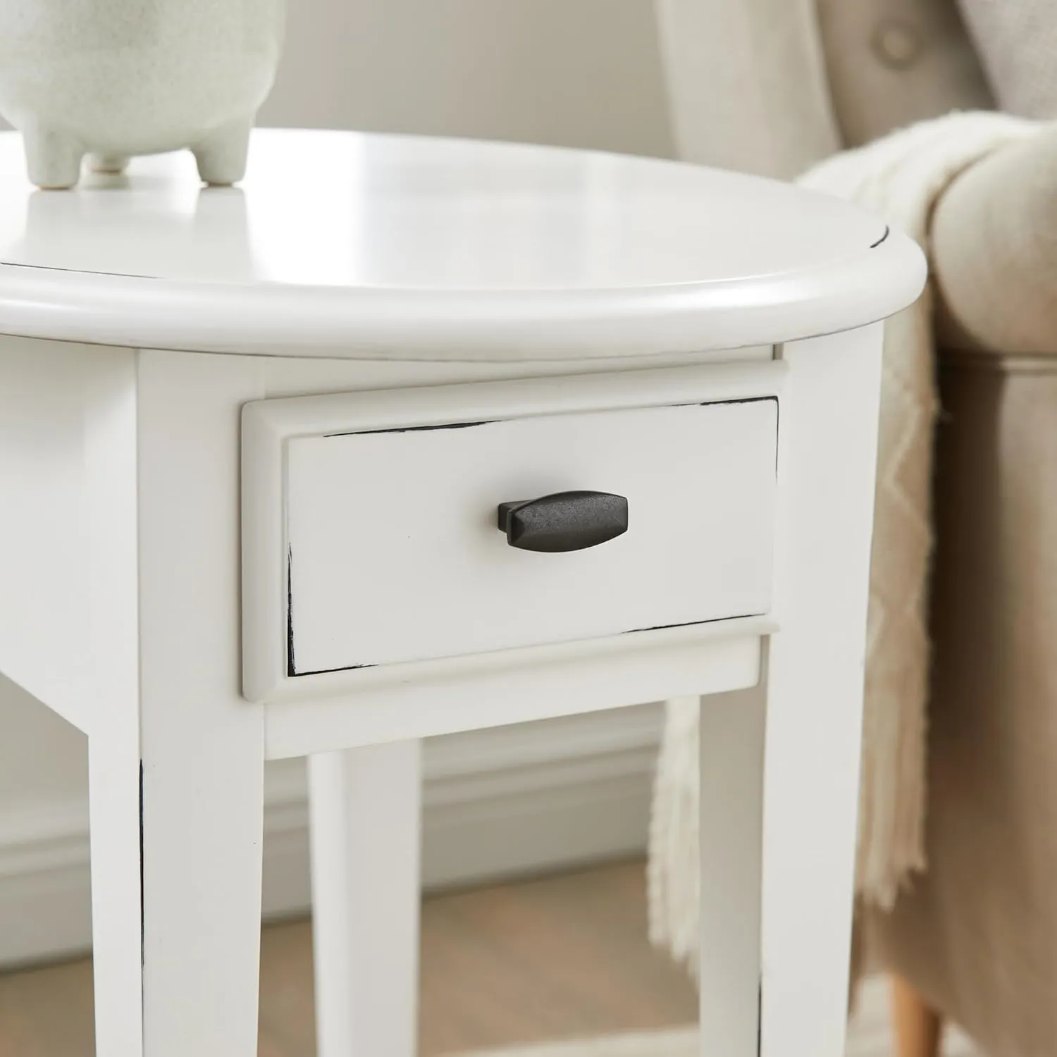 Leick Home Haven Ridge Oval End Table, One Drawer Side Table, Farmhouse White, 214387
