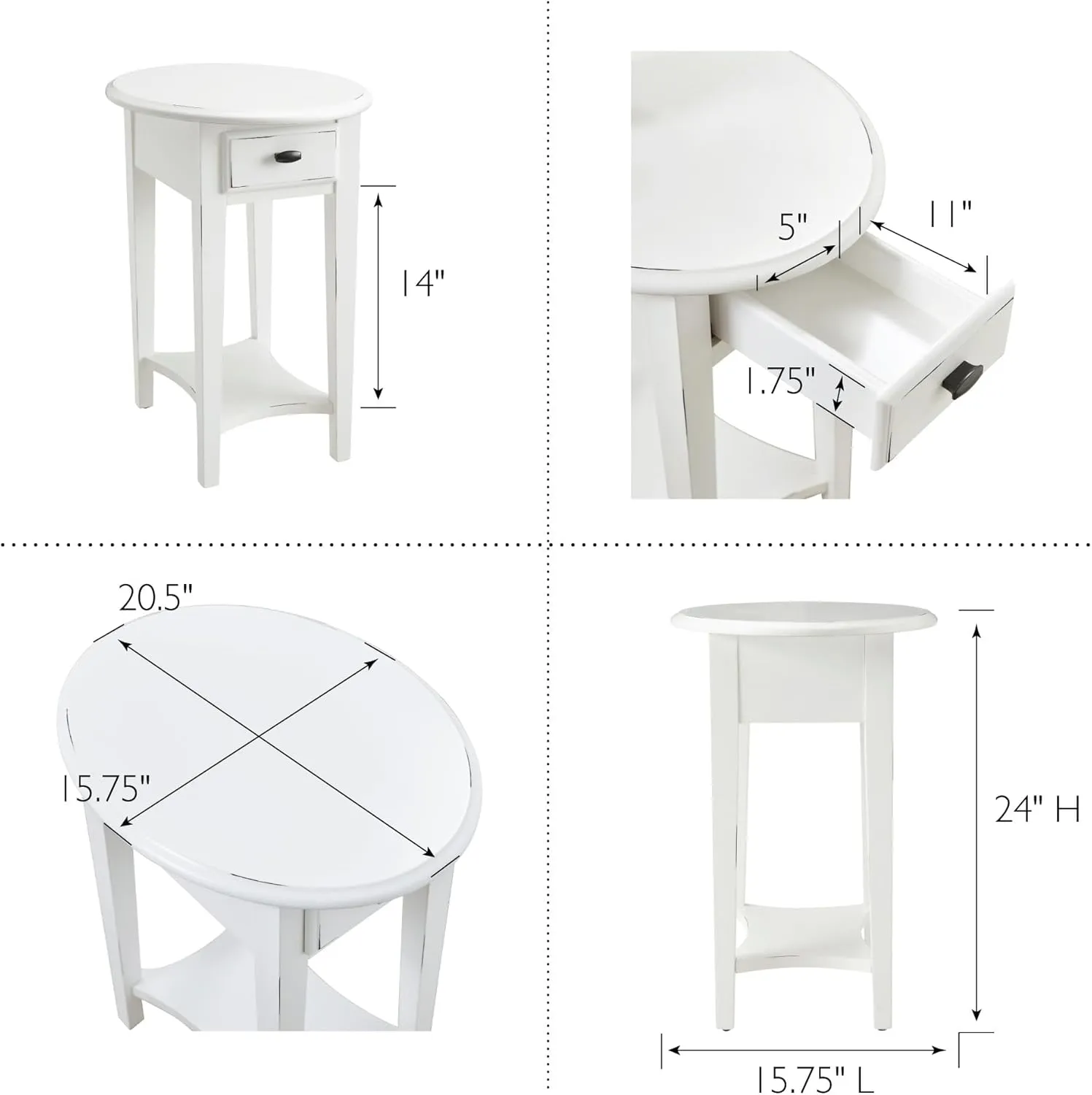 Leick Home Haven Ridge Oval End Table, One Drawer Side Table, Farmhouse White, 214387