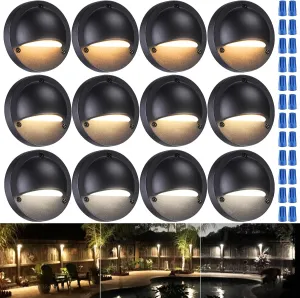 LEONLITE 12-Pack 3CCT LED Low Voltage Deck Lights, 180LM 3.74inch Landscape Step Railing Fence Light, 12-36V AC/DC, Die-cast Aluminum Housing & Frosted Glass Lens, UL Cord, Black, 2700K/3000K/4000K