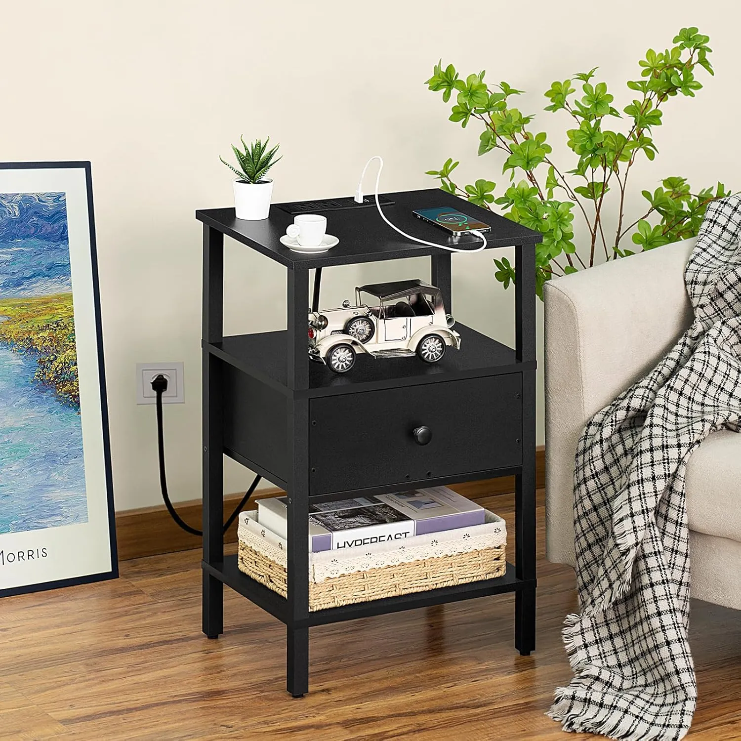 Lerliuo Nightstand with Charging Station and USB Ports, 3-Tier Storage End Table with Drawer Shelf, Night Stand for Small Spaces, Wood Bed Side Table for Living Room, Bedroom - Classic Black