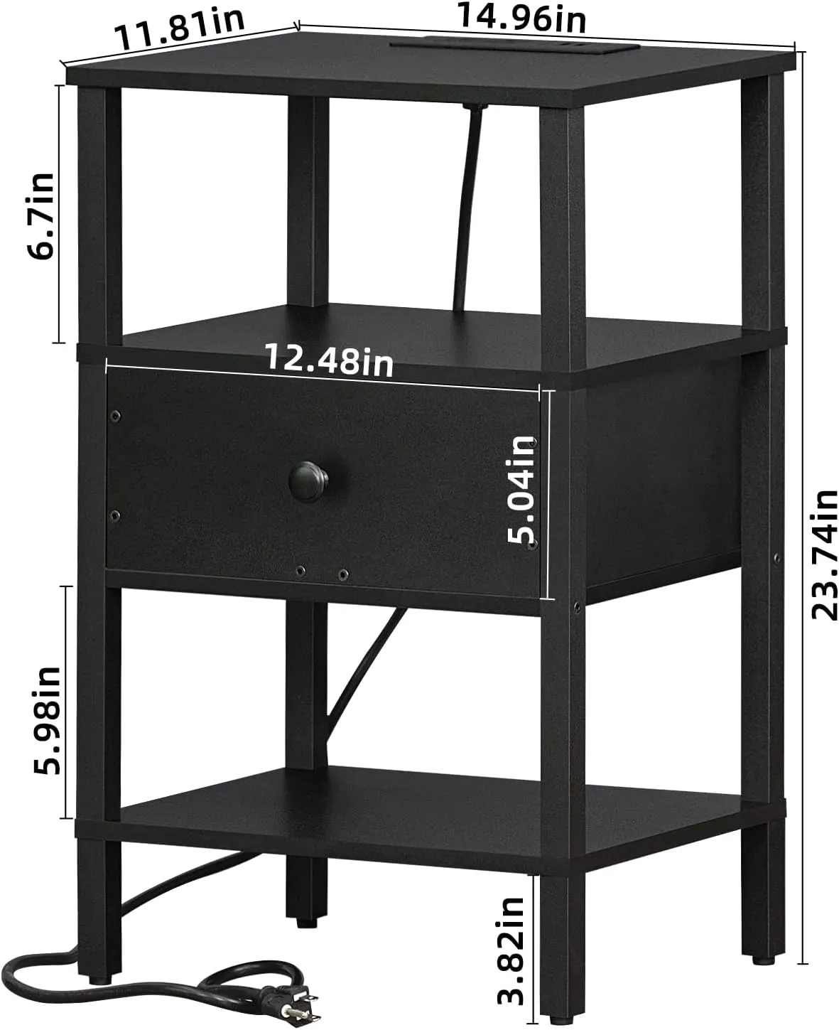 Lerliuo Nightstand with Charging Station and USB Ports, 3-Tier Storage End Table with Drawer Shelf, Night Stand for Small Spaces, Wood Bed Side Table for Living Room, Bedroom - Classic Black