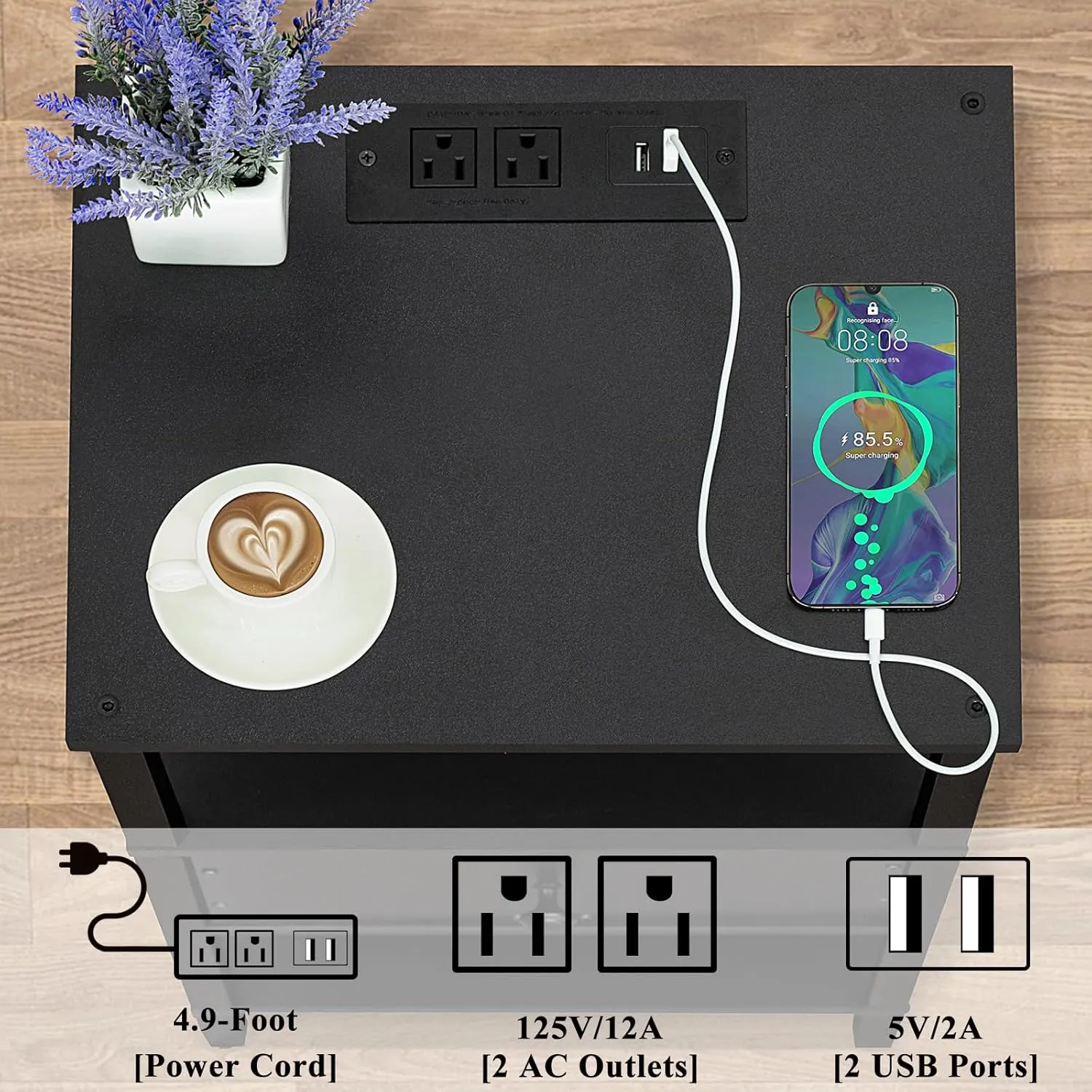 Lerliuo Nightstand with Charging Station and USB Ports, 3-Tier Storage End Table with Drawer Shelf, Night Stand for Small Spaces, Wood Bed Side Table for Living Room, Bedroom - Classic Black